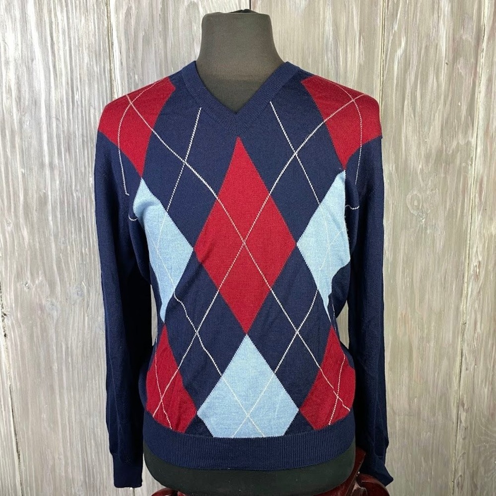 Grant Thomas Mens XL V Neck Argyle Sweater Navy Knit 100% Fine Merino Wool Italy